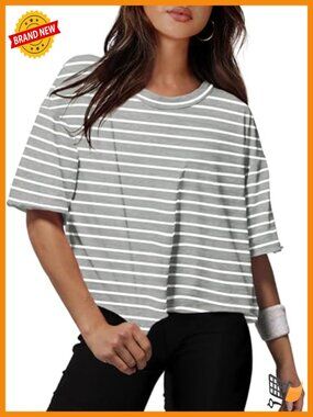 Oversized Crop Top Crew Neck Short Sleeve Striped Polyester Blend Workout Tee